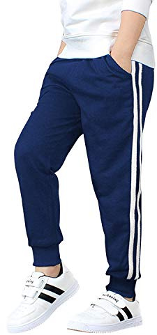 De feuilles Träningsbyxor för pojkar barn byxor ledig joggingrand med elastiskt bomullsrep med ficka, Mairne blå, 9-10 ans