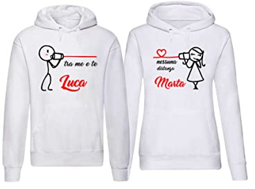 t-shirteria Coppia Felpe con Cappuccio, Nome Personalizzato, per San Valentino, Amore, Nessuna Distanza tra Me e Te, Regalo Uomo Donna