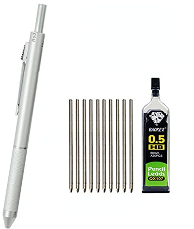 MROOFUL Metall-Kugelschreiber, 0,7 mm, einziehbar, 4-in-1, mit 3 farbigen Tintenroller-Minen + 1 Bleistiftmine, Metallstift-Box-Set, Schwerkraft-Sensing (Silber)