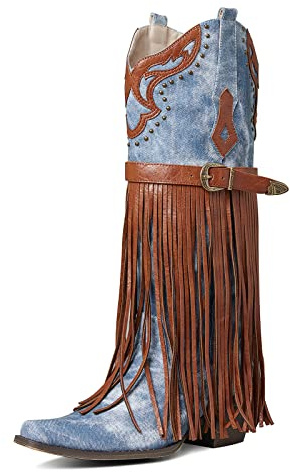 SaraIris Women's Blue Western Mid Calf Boots, Size 9.5, Knee-High, Fringe, Pull-On, Pointed Toe, Embroidered, Slip-Resistant, Water-Resistant, Kitten Heel