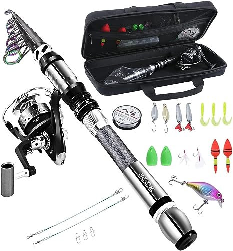 BNTTEAM Ensemble de Canne à pêche Portable et Moulinet en Fibre de Carbone Pointe de Canne Fluorescente, Kits de Sac de Transport de Ligne de leurres de pêche pour Voyage en Eau Douce salée