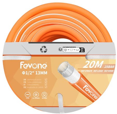 Fevone Tubo da giardino 20 m, tubo da giardino, 13 mm (1/2 Zoll), 4 strati, 25 bar, robusto e durevole, portatile, per esterni, flessibile, resistente, anti-curvatura, arancione