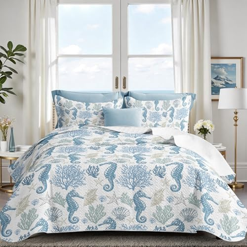 weesire Nautical Twin Quilt Set, Coastal Seahorse Bedding, 2 Piece, 68x86