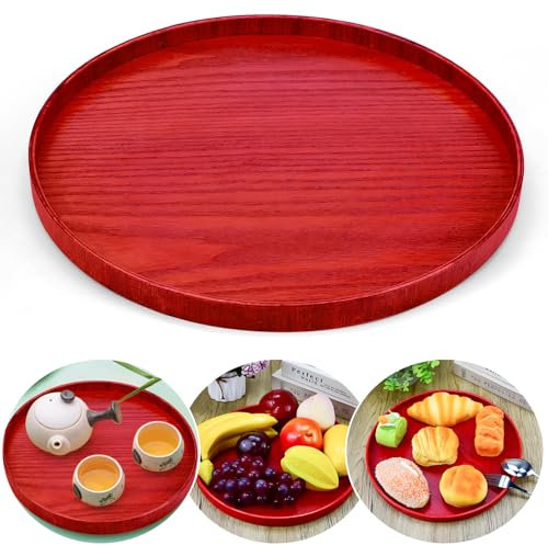 DTYGUIXE Rund Tablett 30CM Holz Dekotablett Serviertablett Deko Bambustablett Rund Serviertablett Esstablett Holztablett für Getränke, Kaffee, Fernbedienungen, Schlüsseln, Schmuck, Kosmetika (Rot)