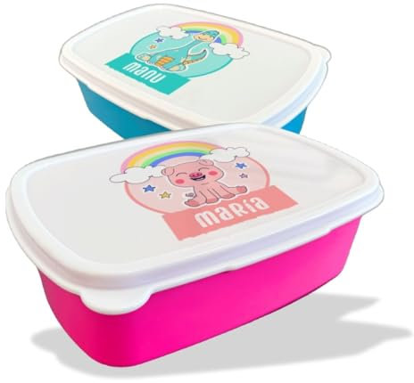 Fiambrera Personalizada Diseño Infantil Para Colegio o Guardería | Caja Merienda Personalizada apta para Microondas y Lavavajillas | Libre de BPA (Leon, Rosa)