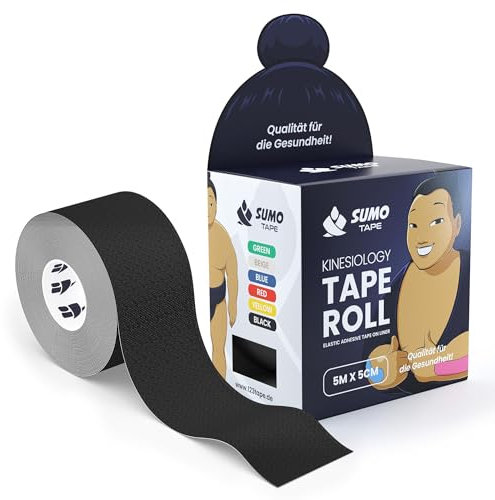 Sumo Tape® Kinesiotape Rolle wasserfest & hautfreundlich - Elastisches Kinesiologie Tape 5m x 5cm in 4 bunten Farben und extra starkem Halt - Medizinisches Kinesiotape, Sport Physio Tapes (Schwarz)