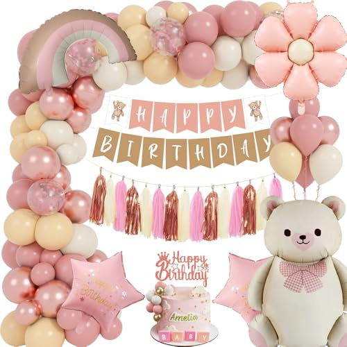 Decorazioni Compleanno Ragazza, Boho Addobbi Compleanno Bambina con Palloncini Rosa, Palloncini a Forma di Orso, Decorazioni per Baby Shower Bambino Feste