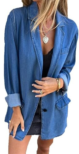 VIVICOLOR Lässiger, lockerer Jeansblazer für Damen mit Revers, Langen Ärmeln, Jeansjacke für die Arbeit im Büro, Jeansanzug-Blazer