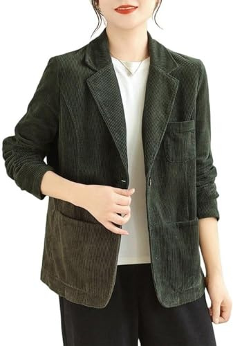 Blazer in Velluto a Coste da Donna Classico Con Un Bottone alla Moda Retrò - Giacca da Ufficio Elegante e Leggera (Verde, L)