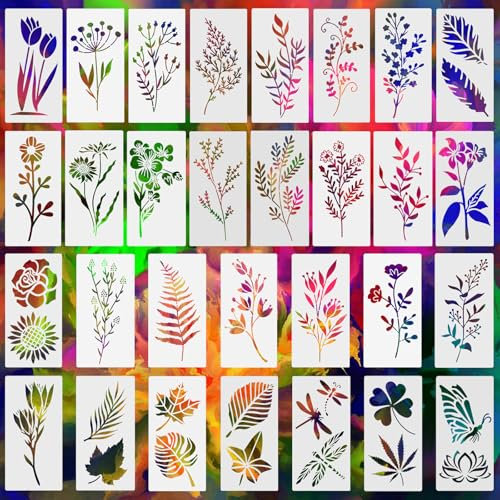 30 Stück Blumen Schablone, Wiederverwendbar Wildblumen Schablonen zum Malen, 3 x 6 Zoll Malschablonen DIY Vorlagen Malerei Schablonen Set für Scrapbooking Holz Wand Kunst Dekor
