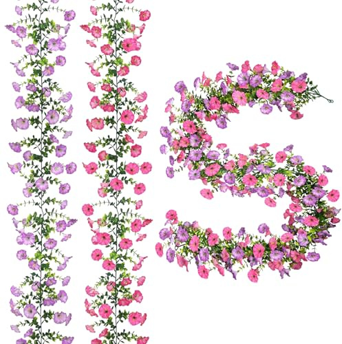 Ferizzia 2 Pezzi Doppio Colore Ghirlanda Fiori Artificiali Petunie, 180 cm Petunie Finti Pendenti, Piante Finte Da Appendere, Viti Appesi Fiori di Seta, per Matrimoni, Giardino, Cortile