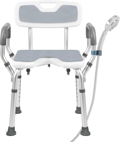 Shower Chair with Arms and Back Heavy Duty 150kg, Shower Seat for Inside Shower with Shower Head Holder, Shower Bathroom Chair with Cutout Seat & Cold-Proof Pads, Tools-Free Assembly(Grey Padded)