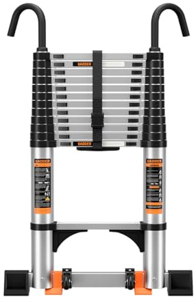 Telescopic Ladder with Non-Slip Feet,3.2M/10.5FT Aluminium Extension Loft Ladder with Stabilizer Bar and Detachable Hooks, Multi Purpose Extendable Portable Folding Ladders, step ladders