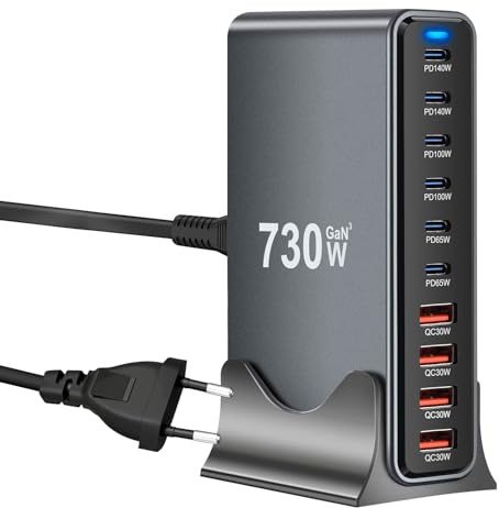730W Caricatore USB Multiplo - 10 Porte (6 USB-C + 4 USB-A) con Ricarica Rapida, Stazione di Ricarica Compatta per Multi Dispositivi, Compatibile con MacBook, iPad, iPhone 16/15/14, Galaxy S22/S20