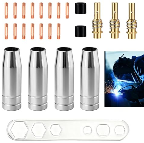 25 Piezas Accesorios Soldadura MIG MAG, Boquillas Gas Soldadura MB15AK, Compatible con Antorchas MB15AK, Incluye Boquillas de Gas, Puntas de Contacto M6 0,8 mm, Difusores, Aisladores, Llave de Montaje