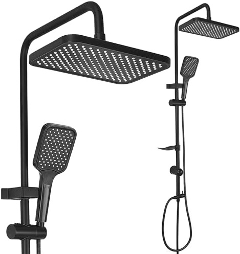 Ensemble de Colonne de Douche Thermostatique, Ensemble de Douche Murales Réglables Système, sans Robinet, avec grande douche à effet pluie (285 x 185 mm) et douchette à main, 3 types de jet, Noir