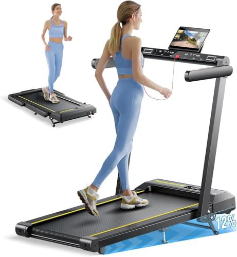 TOPUTURE 12% Inclinación Cinta de Correr Plegable, 6 en 1 Cinta de Correr Electrica, Frecuencia Cardíaca, Dual Pantalla,16KM/H Under Desk Walking Pad, Bocina Bluetooth, App