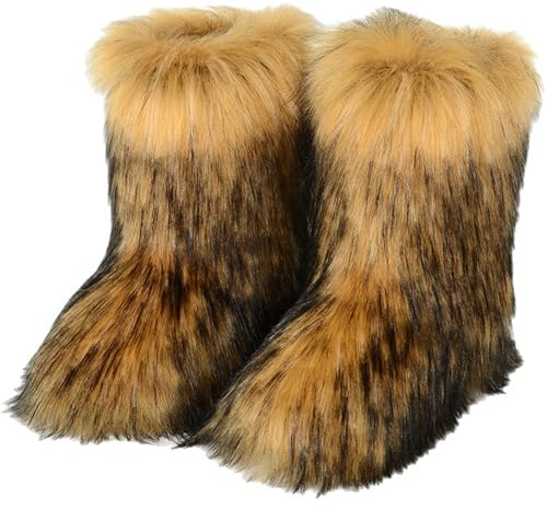 JIANCHIBUXIE Furry Faux Fur Boots for Women,Winter Fuzzy Fluffy Snow Boots for Woman Fur Lined Mid Calf Black Brown Fur Boots y2k (brown, 6)