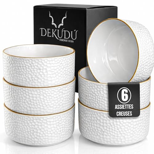 DEKUDÙ Set Piatti Moderni Piatti Fondi Ceramica Gres di Qualità - Realizzata a mano - 6 pezzi ∅ 15 cm - Elevata durezza - Lavabile in lavastoviglie e Adatto microonde - Stile moderno - Bianco