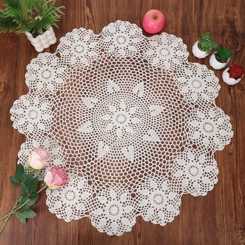 kilofly Handmade Crochet Cotton Lace Table Sofa Doily, Waterlily, Beige, 30 inch