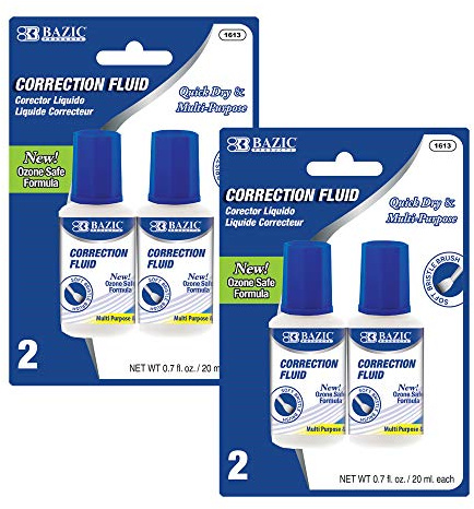 BAZIC Products Correction Fluid (0.7 oz / 20 ml), Soft Bristle Brush Applicator, Instant Corrections Pen White Out Wipe Out Liquid (2/Pack), 2-Packs