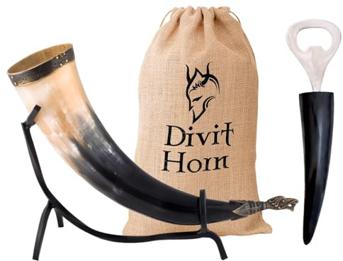 Divit Horn - Corno vichingo per bere genuino con supporto in ferro | Corno da bere medievale autentico | Abbellimenti in ottone e sacchetto regalo in juta inclusi | Capacità 450 ml | L'originale