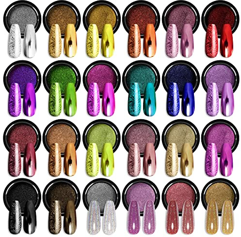 SAVILAND Chrome Nail Powder Set: 24 Colors Metallic Mirror Effect Iridescent Chrome Powder for Gel Polish Holographic Chameleon Nail Art Decoration Glitter Pigment Dust DIY Manicure Kit Home Salon Use