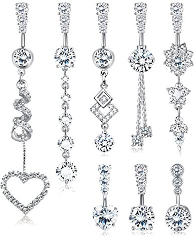 JeryWe 8 STK baumelnde Bauchnabelringe Set für Frauen 14G aus 316L Edelstahl Silber Herz klar CZ Langhantel Bauchringe Piercing Quaste baumeln umgekehrt gebogener Bauchnabel Langhantel Körperschmuck