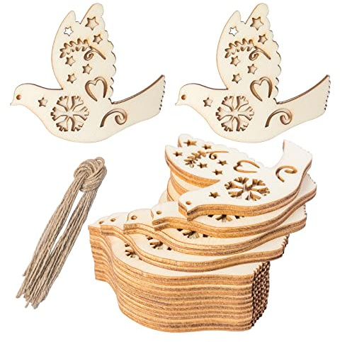 Unfinished The Peace Dove Shape Wooden Tag Hanging Wood Cutout Slices Wooden Tags with Twine for Christmas Thanksgiving Day Holiday Wedding Birthday Party Decoration 10 Pcs