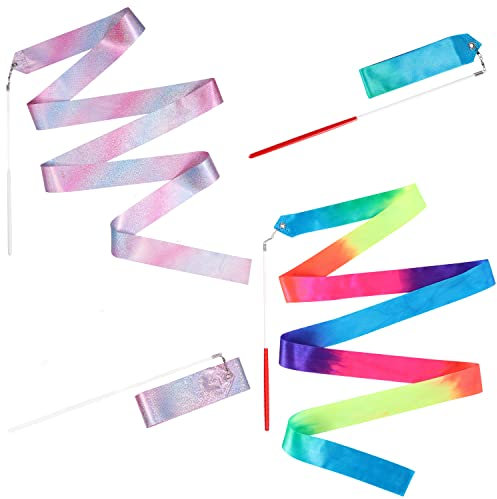2 Stück Tanzbänder, 2 m Langes Gymnastikband mit Stab für Kinder Dance Ribbons Tanzband Luftschlangen für Künstlerische Tanztrainingsparty, mit Band Tänzerstab (Gemischte Farbe + Funkelnd)