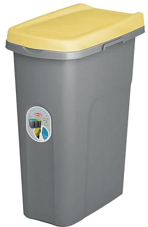 Home Centre Lift Top Lid 15L Waste Bin Plastic Kitchen School Slim Recycling General Trash & Storage Recycled Rubbish Sturdy Organiser Quality Container Made in Italy Yellow-Grey