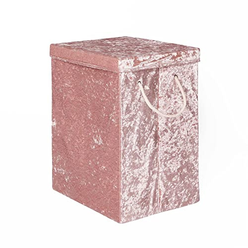 OHS Laundry Basket with Lid, Bedroom Bathroom Accessory Clothes Basket with Handle Toys Oragniser Box Storage Easy Foldable Crushed Velvet, Blush Pink 50cm x 45cm