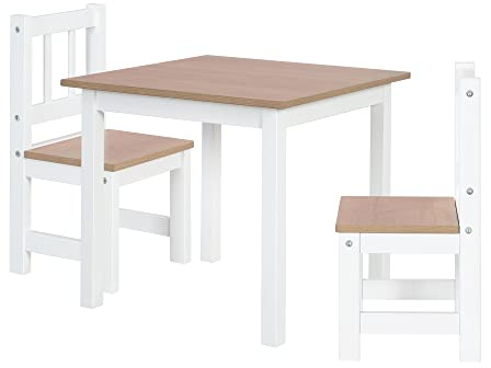 roba Conjunto Mesa y 2 Sillas Infantiles Woody - Tablero y Asientos con Aspecto de Madera - Resistentes a los Arañazos - para Niños de 18 Meses en Adelante - Blanco