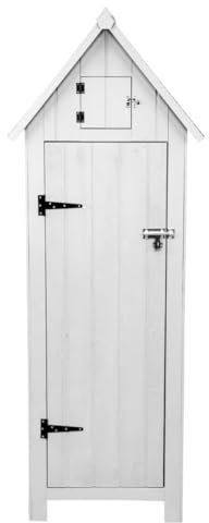 Monster Shop Wooden Garden Storage Shed White Tool Organiser Cabinet Beach Hut Sentry Box Lockable Doors 3 Corner Shelves 4 Door Hooks Roof Hatch Padlock 4 Keys Ground Fixing Kit Screw Covers Fir Wood Asphalt Roof