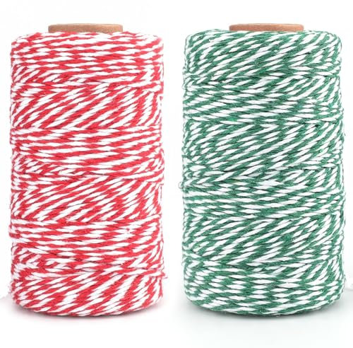 KINGLAKE Christmas Twine for Gift Wrapping, 200m Green Red and White, 2mm Butchers String for Crafts, Bakers Cotton Xmas String for Kitchen Cooking Meat, Gardening