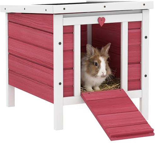 PawHut Rabbit Hutch, Bunny Cage Outdoor Wooden House w/Asphalt Roof, Red