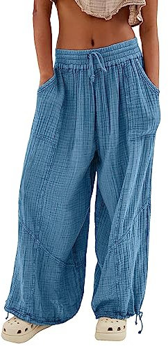 Skang Sommerhose Damen Leicht und Luftig mit Elastischem Bund Casual Lose Trousers Freizeithose mit Taschen Frauen Hosen Hippie Haremshosen High Waist Stoffhose Pumphose Einfarbig Locker Yoga Pants