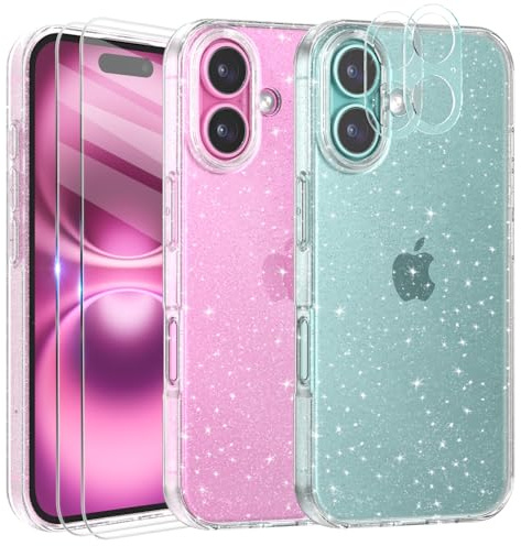 Tikgue Funda Compatible con iPhone 16 con 2 Unidades de Protector de Pantalla de Cristal Templado y 2 Protector de Lente de Cámara, Carcasa Transparente Glitter Brillante de Silicona TPU