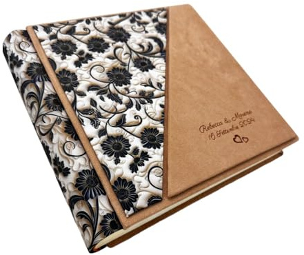 Álbum de fotos artesanal de tela estampada 3D y alcántara, personalizable con grabado, clásico con papel de seda, para boda, cumpleaños, boda, aniversario, comunión, eventos (Desierto/Negro)