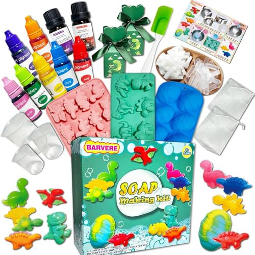 BARVERE Seife Selber Machen Kinder, 500g Seife, 14 Formen, 7 Pigment, 2 Essentielle Öle, 2 Geschenktasche, DIY-Werkzeuge, Seifen Selber Machen Set Erwachsene, Kindergeburtstag Geschenk (Dino)