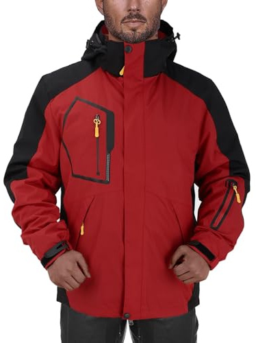 Generisch Rain Jacket Men's Waterproof Breathable Wind Jacket Cargo Colour Block Transition Jacket Thickened Fleece Hiking Jacket Large Sizes Warm Raincoat Outdoor Sports Hooded Jacket for Men, red