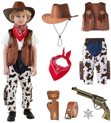 YushengTai Deguisement Cowboy Fille, Western Déguisement Cowgirl Accessoires avec Notamment Chapeau, Gilet, Jupe Courte, Déguisement Cowgirl Fille Garcon pour Carnaval, Cosplay, Halloween