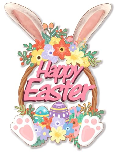 Weather-Proof Happy Easter Wreath for Front Door, Metal Easter Decorations with Hollow Bunny Flower Egg Welcome Hanging for Outdoor Indoor, Spring Decor Wall Sign