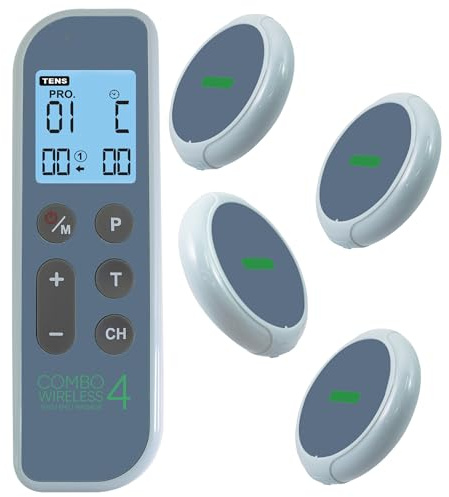 Combo Wireless TENS + EMS 3-in-1 Muscle Stimulator for Pain Relief & Muscle Recovery. Professional Portable Device with 18 Programs for Back, Shoulder, Sciatica, Knee, Arthritis (1 Remote + 4 devices)