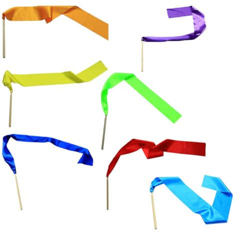 ifundom Set da 7 Nastri da Ginnastica Ritmica in Stoffa Colorati Manico in Legno, Nastri da Ballo per Danza, Ginnastica e Spettacoli Creativi