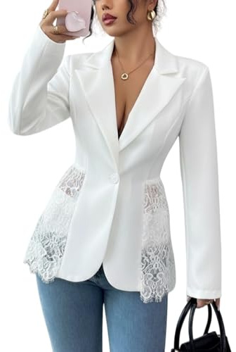 MINTLIMIT Women's Lace Blazer Open Front Button Long Sleeve Notch Lapels Collar Jackets Work Office Casual Blazers for Ladies