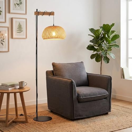 BARCELONA LED Lámpara De Pie Grande De Bambú Y Mimbre Estilo Natural Isla Boho Con Base Negra Metálica Pantalla Artesanal Lámpara Alta Decorativa Rústica Moderna E27 Para Interior Salón
