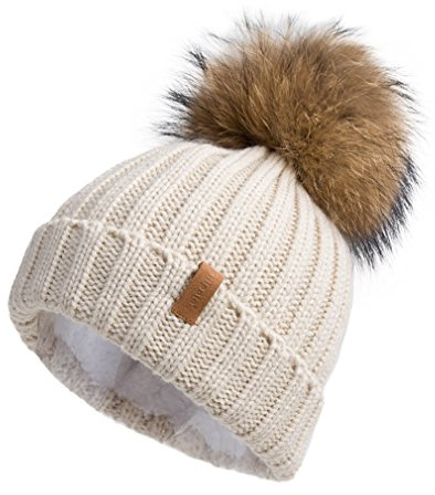 Pilipala Women Winter Knitted Beanie Hat with Fur Pom Bobble Hat Skull Beanie(Beige,R)
