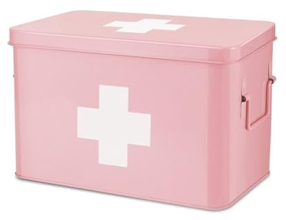 Flexzion Vintage First Aid Kit - 13 Pink Metal Box with Dividers, Removable Tray and White Cross Logo