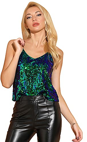 Allegra K Women's Christmas Sequined Shining Camisole Club Party Glitter Disco Sparkle Cami Top Medium Green Blue